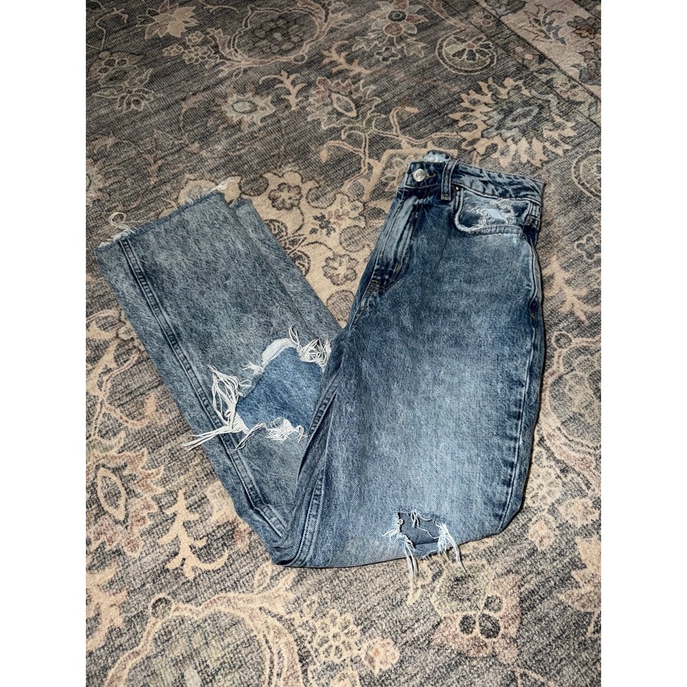 Free People Jeans Acid Wash Straight Leg High Rise Distressed Frayed Hem